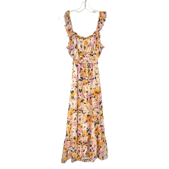 Donna Morgan Multicolor Floral Print Belted Crepe Ruffle Maxi Dress 12 - Picture 7 of 7
